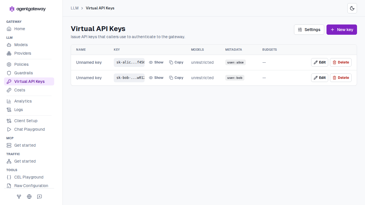 UI Virtual API Keys page listing configured keys and metadata